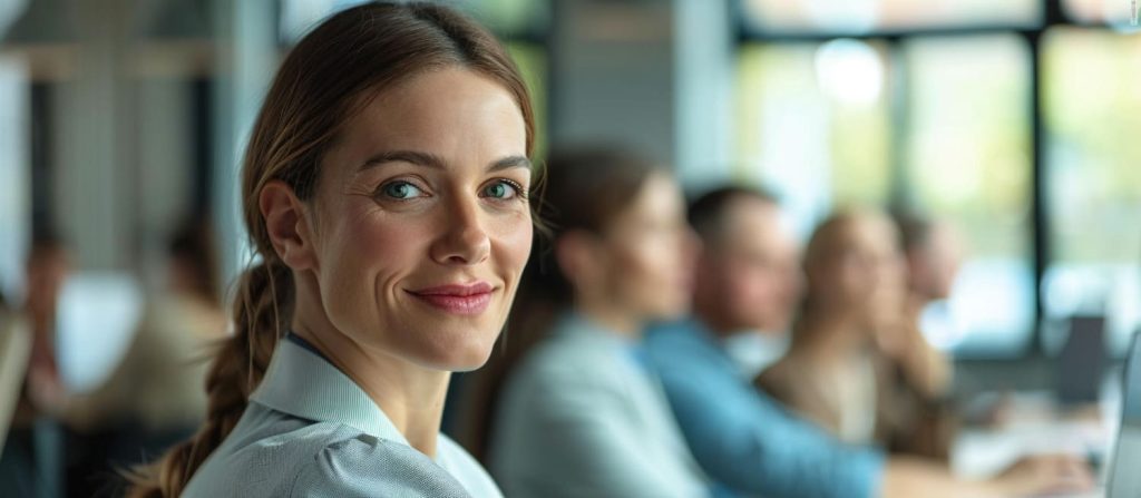 Professionnelle sereine et souriante se distinguant naturellement de ses collègues dans un open space