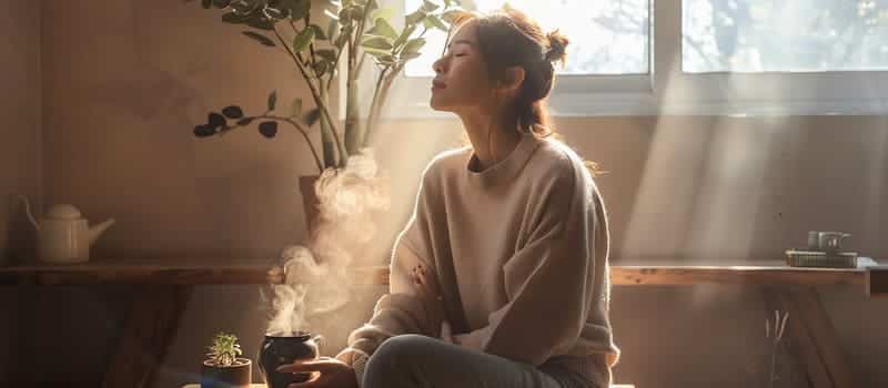 Professionnelle assise calmement les yeux fermés, en pause d'ancrage pour identifier un besoin fondamental