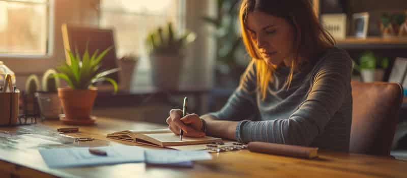 Professionnelle notant ses réflexions dans un carnet pour clarifier ses valeurs personnelles