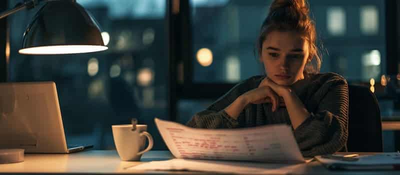 Jeune comptable seule à son bureau le soir, relisant un rapport couvert d'annotations au stylo rouge