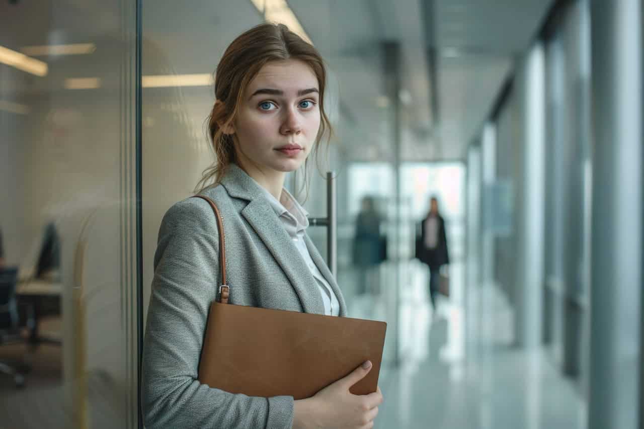 Jeune femme hésitant devant la porte vitrée d'une salle de réunion, un dossier serré contre elle
