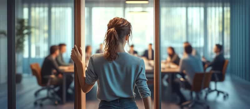 Jeune femme de dos, hésitant à entrer dans une salle de réunion vitrée où une équipe est installée
