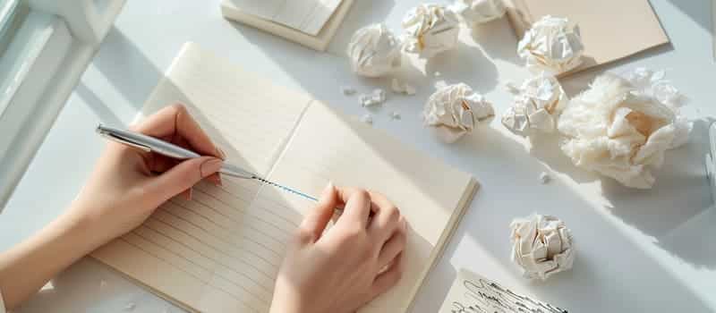 Gros plan sur des mains qui réécrivent une phrase sur un bloc-notes, entourées de boules de papier froissé