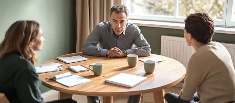 Manager attentif, assis à une table avec deux collaborateurs lors d'un échange en petit comité