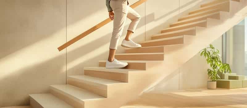 Personne gravissant une marche d'un escalier lumineux dans un immeuble de bureaux