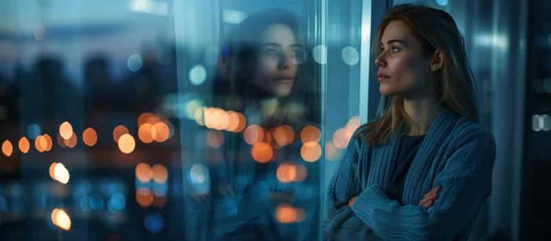 Femme regardant son reflet dans la grande vitre d'un bureau au crépuscule