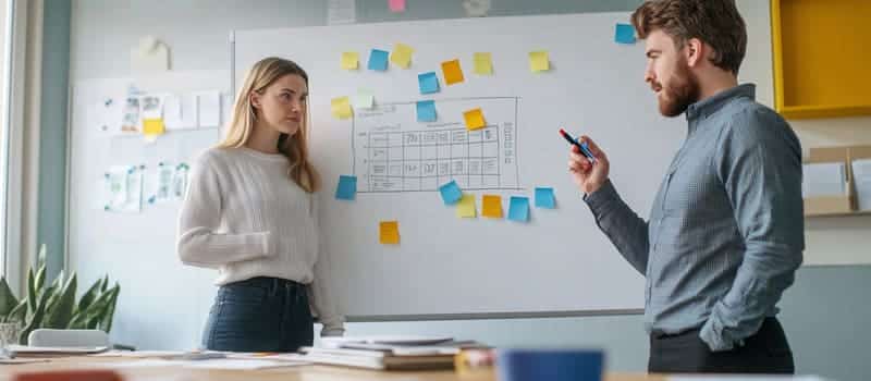 Deux collègues devant un tableau blanc construisent ensemble un planning avec des post-it