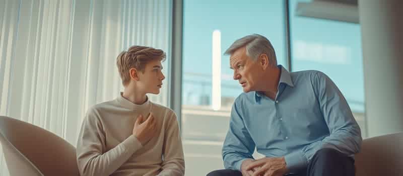 Un jeune salarié cherche ses mots pendant que son manager, penché vers lui, l'écoute