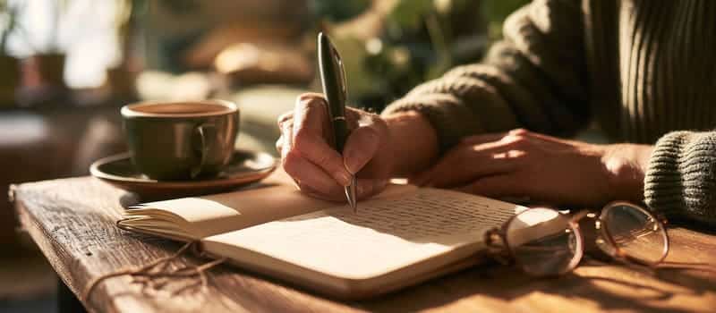Mains en train d'écrire dans un carnet posé sur une table en bois, à côté d'une tasse de café