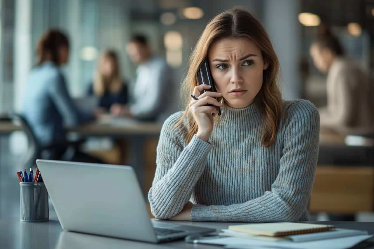 Femme assise à son bureau, téléphone en main, hésitante devant un message sur son ordinateur