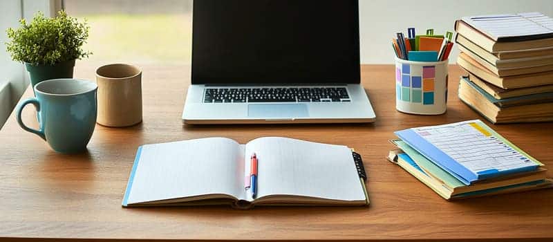 Vue du dessus d'un bureau en bois avec un carnet ouvert, des livres, un agenda et une tasse