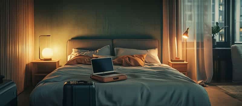 Chambre de location grise et verte avec une valise et un ordinateur ouvert posés sur le lit