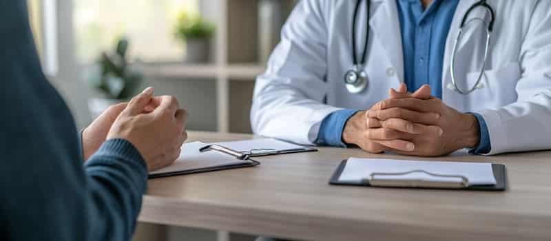Patient écoutant son médecin lors d'une consultation, vu par-dessus l'épaule du médecin