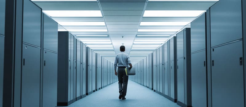 Salarié marchant dans un long couloir de bureaux identiques où les lumières faiblissent