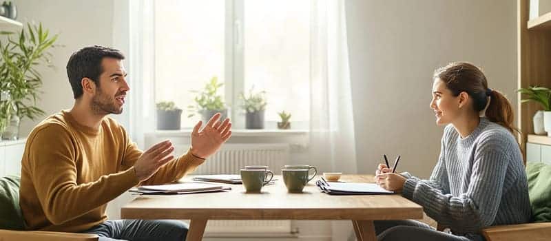 Deux personnes face à face autour d'une table, l'une parle pendant que l'autre prend des notes