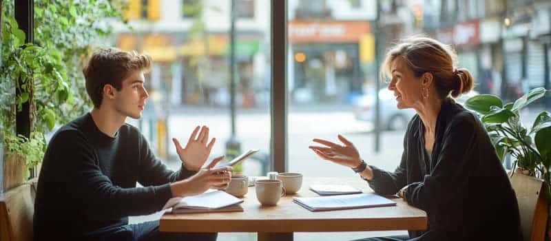 Jeune homme prenant des notes pendant qu'une professionnelle lui présente son métier dans un café
