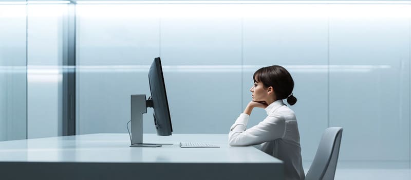 Employé de profil, menton dans la main, devant un écran inactif dans un bureau silencieux