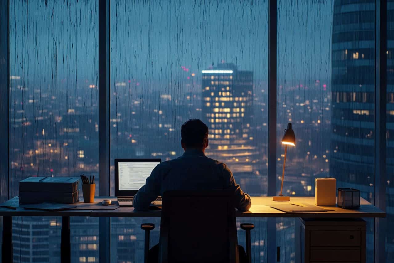 Salarié seul à son bureau dans un open space vide à la tombée de la nuit, symbole du bore out et de l'épuisement au travail