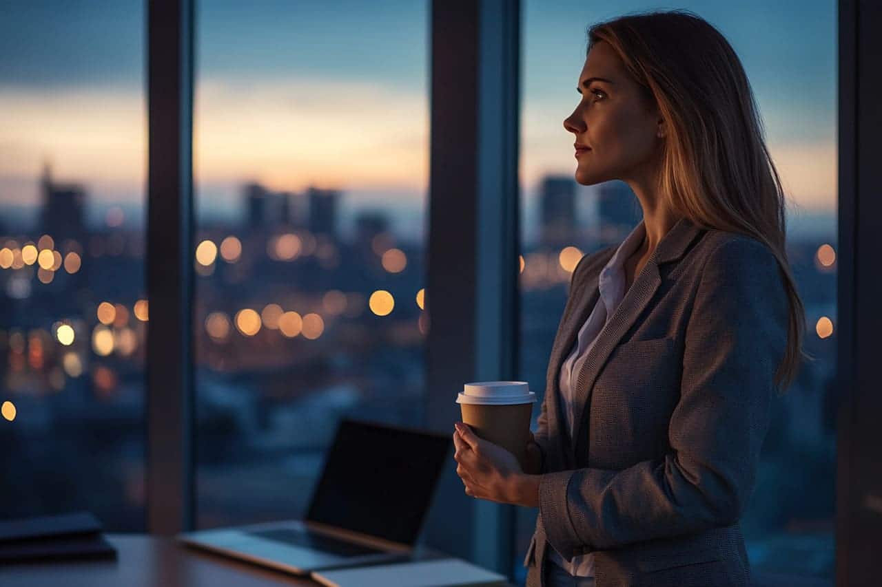 Femme d'une quarantaine d'années debout devant la baie vitrée de son bureau, pensive, au crépuscule