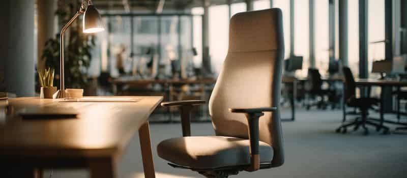 Bureau vide avec une chaise reculée dans un open space, des collègues travaillant en arrière-plan