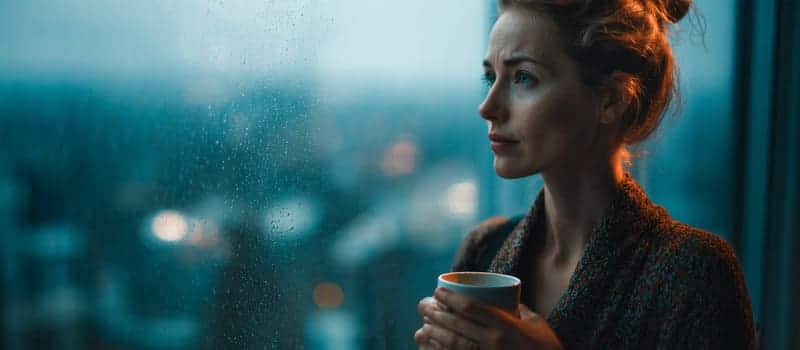 Salariée debout devant une fenêtre de bureau couverte de pluie, une tasse à la main, regardant la ville