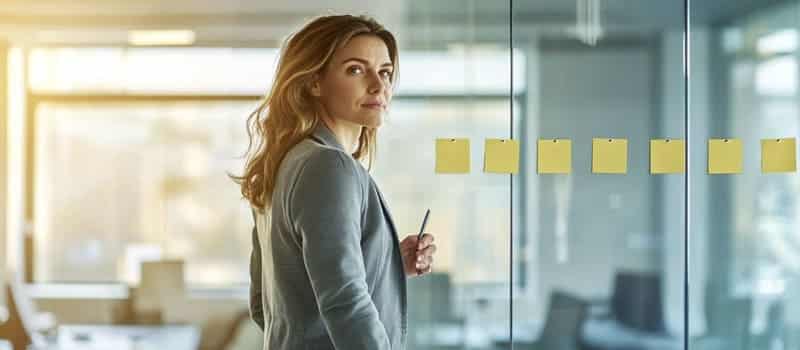 Femme face à un mur vitré où sept notes adhésives jaunes sont alignées, un stylo à la main