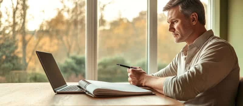 Homme à une table près d'une fenêtre, stylo au-dessus d'une page blanche de carnet