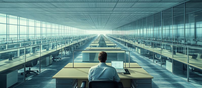 Salarié seul à son bureau au milieu d'un immense open space d'entreprise, vu de dessus