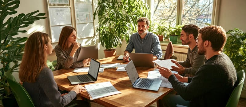 Équipe de cinq personnes autour d'une table dans un bureau de PME, un salarié discutant directement avec le dirigeant