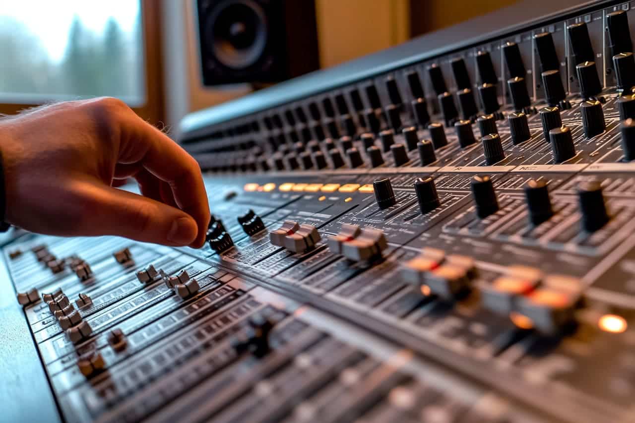 Main déplaçant un seul curseur d'une console de mixage, image d'un ajustement pour changer d'emploi
