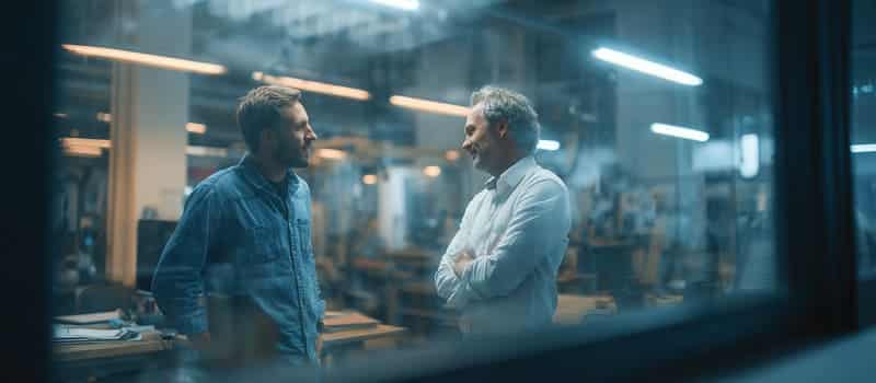 Homme discutant avec un collègue dans les bureaux d'une PME industrielle