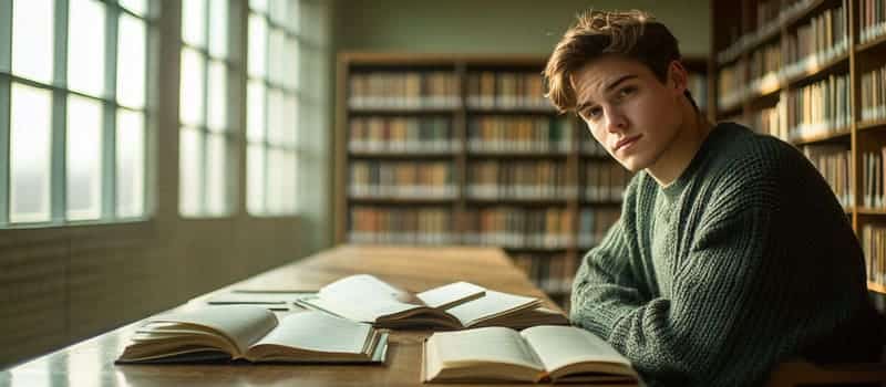 Jeune homme pensif assis devant des livres ouverts dans une bibliothèque universitaire