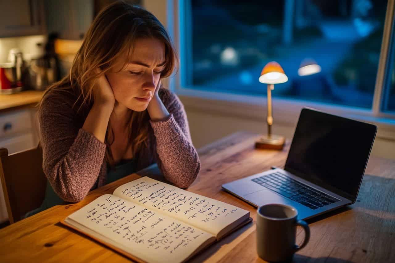 Femme assise à une table de cuisine le dimanche soir devant une longue liste de tâches, en train de se mettre la pression