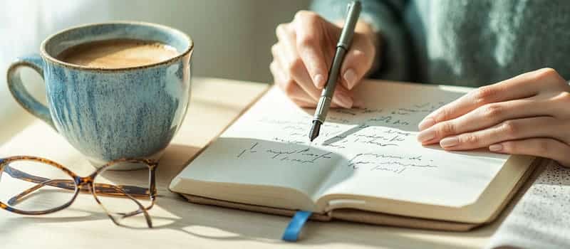 Mains posant quelques lignes dans un carnet, à côté d'une tasse de café