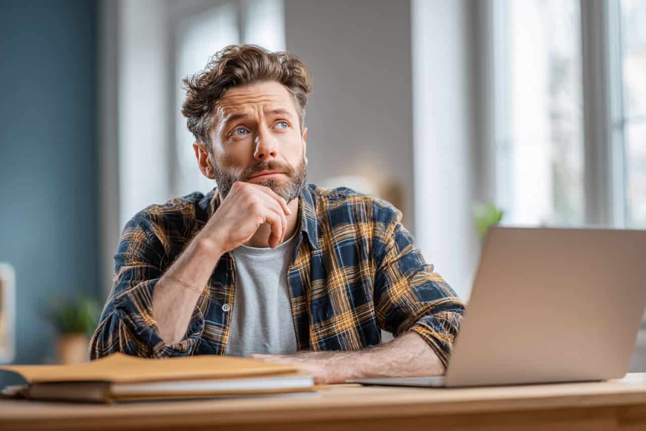 Salarié assis à son bureau, hésitant entre un bilan de compétences ou coaching pour son orientation