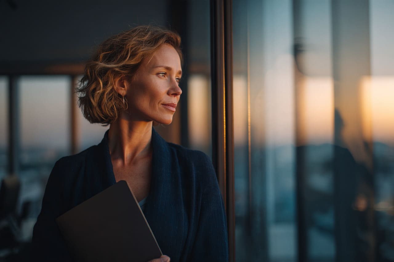 Salariée qui réfléchit à sa démission reconversion devant la fenêtre de son bureau