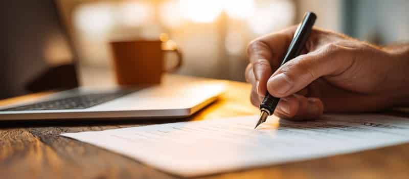 Main tenant un stylo au-dessus d'une feuille posée sur un bureau en chêne, ordinateur portable flou en arrière-plan