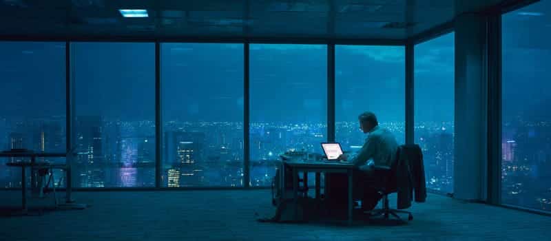 Salarié resté seul à son poste dans un open space presque vide à la tombée de la nuit