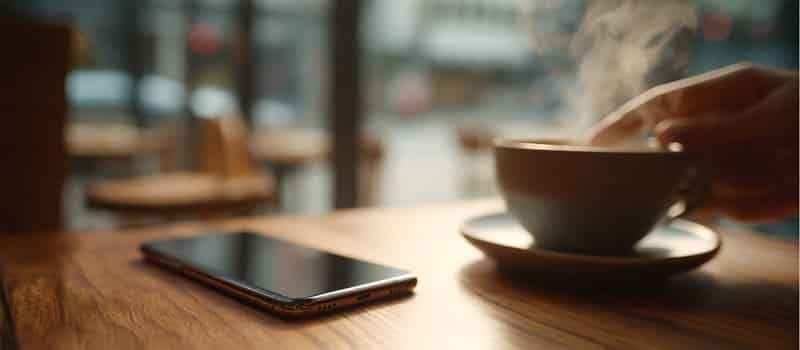 Main posant un smartphone écran contre la table, à côté d'une tasse de café