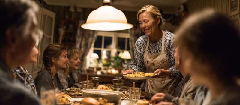 Mère debout à la table d'un repas de famille, servant chacun alors que sa propre assiette reste vide