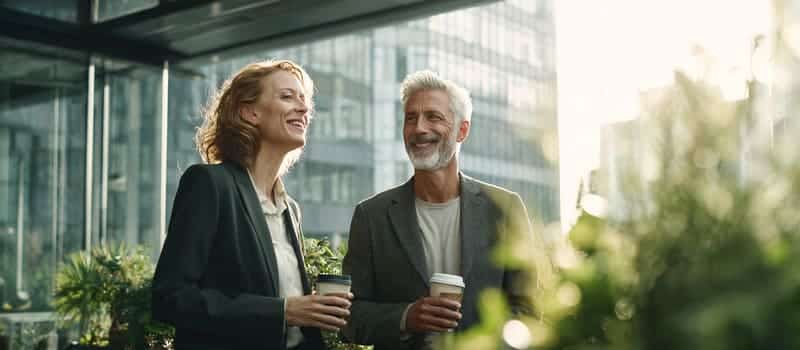 Deux collègues échangeant autour d'un café sur une terrasse de bureau, l'un montrant son carnet