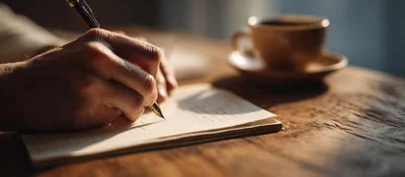 Mains qui notent trois lignes de bilan dans un carnet posé à côté d'une tasse de café