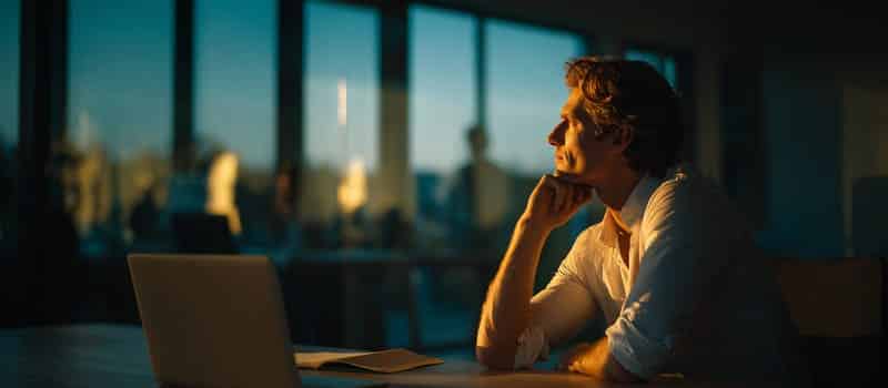 Salarié pensif à son bureau en fin de journée, devant un carnet resté fermé