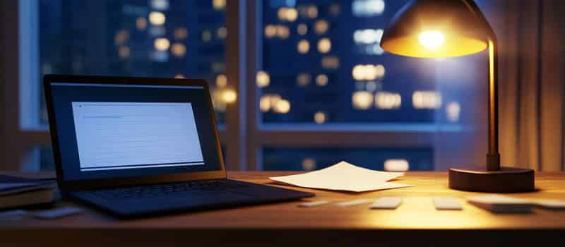 Bureau en fin de journée avec un dossier terminé laissé de côté