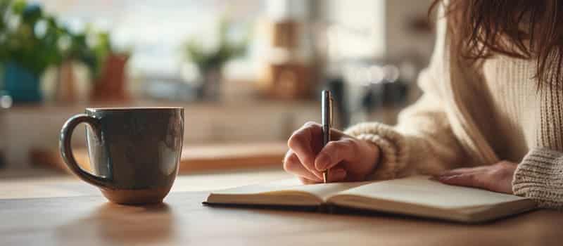Mains écrivant dans un carnet à côté d'une tasse de café