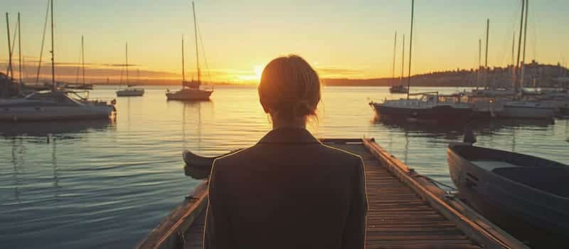 Femme debout sur un ponton au lever du soleil face à un port de voiliers