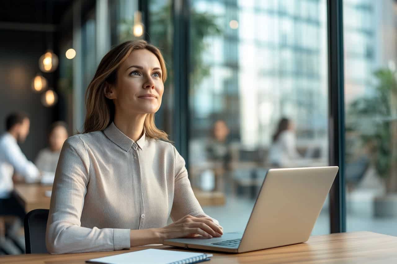 Salariée assise à son bureau, prête à retrouver la confiance en soi au travail