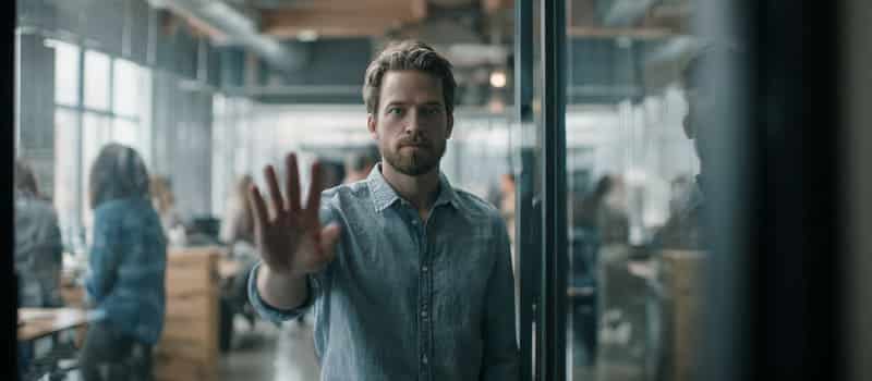 Homme debout dans un open space, la main posée sur une porte vitrée qu'il n'a pas ouverte