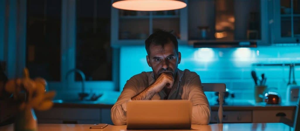 Homme assis seul face à un ordinateur portable fermé un soir, hésitant avant de se lancer dans une reconversion