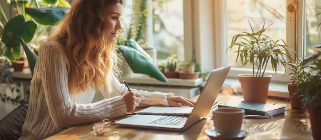 Adulte en reconversion prenant des notes à son bureau pendant une formation en ligne